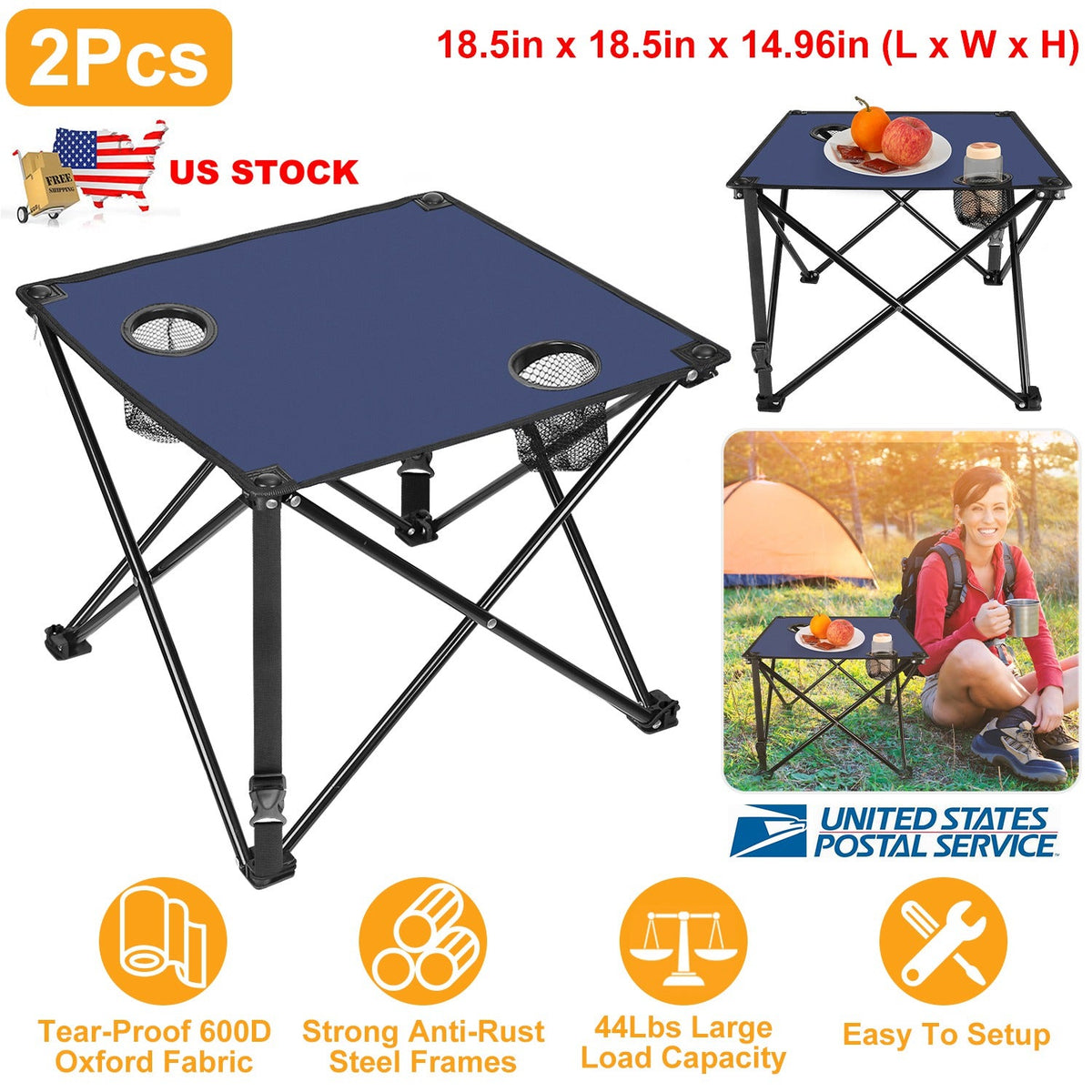 LakeForest Folding Camping Table with 2 Cup Holders – 600D Oxford, 44 lb Capacity | 18.5"x18.5" | 2.2 lbs | 1-Pc & 2-Pc Sets