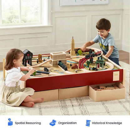Tiny Land® 1920 Railway Adventure Train Table – 102-Piece Wooden Train Set with Play Table, Sound Effects & Storage | Ages 3+