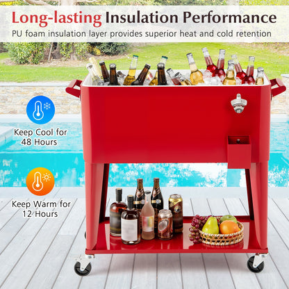 Portable Patio Cooler | 80 Qt | 48-Hour Cold Retention | Wheels, Shelf & Bottle Opener | Gray or Red
