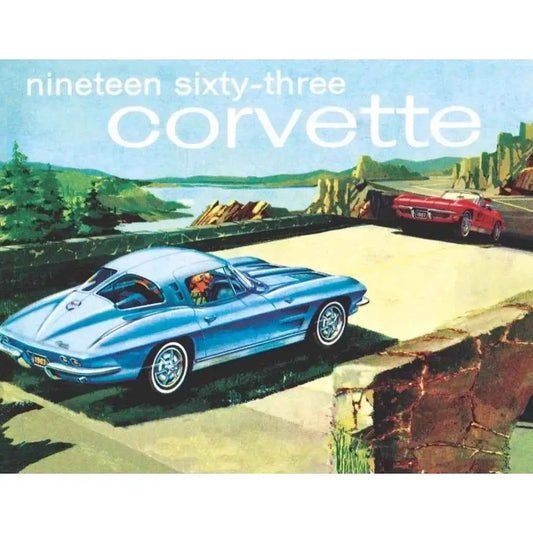Mini jigsaw puzzle box featuring 1963 blue Corvette and red car on road