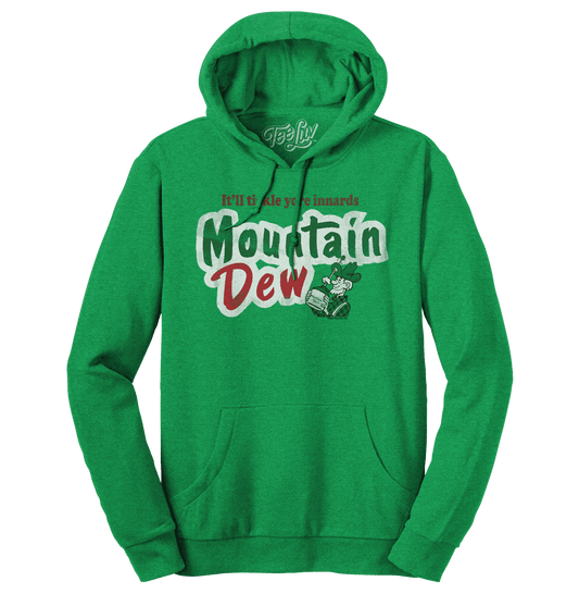 Kelly green pullover hoodie with front kangaroo pocket and Mountain Dew graphic text