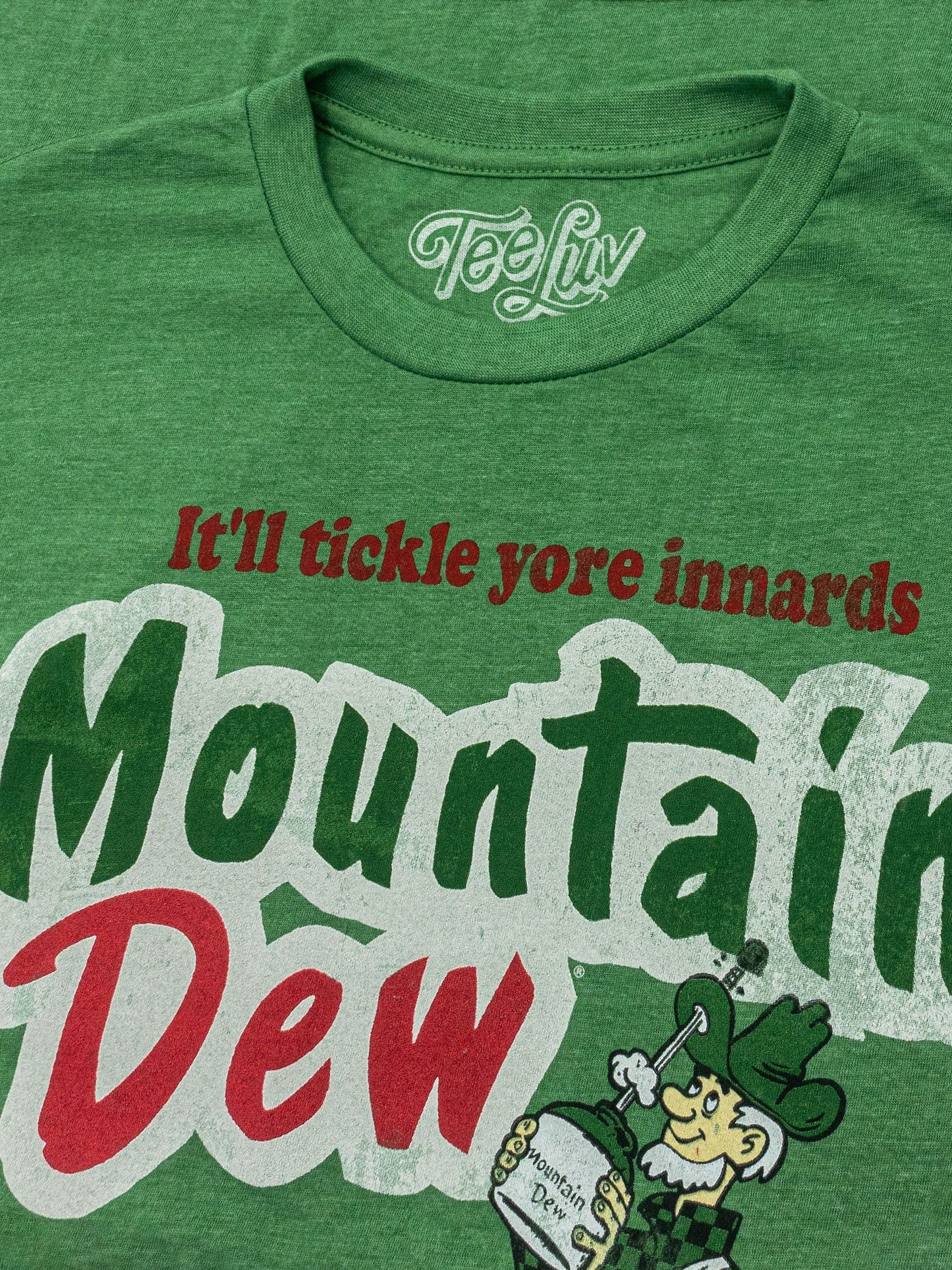 Mountain Dew "It'll Tickle Yore Innards" T-Shirt | Willy the Hillbilly | Green Heather | Poly-Cotton
