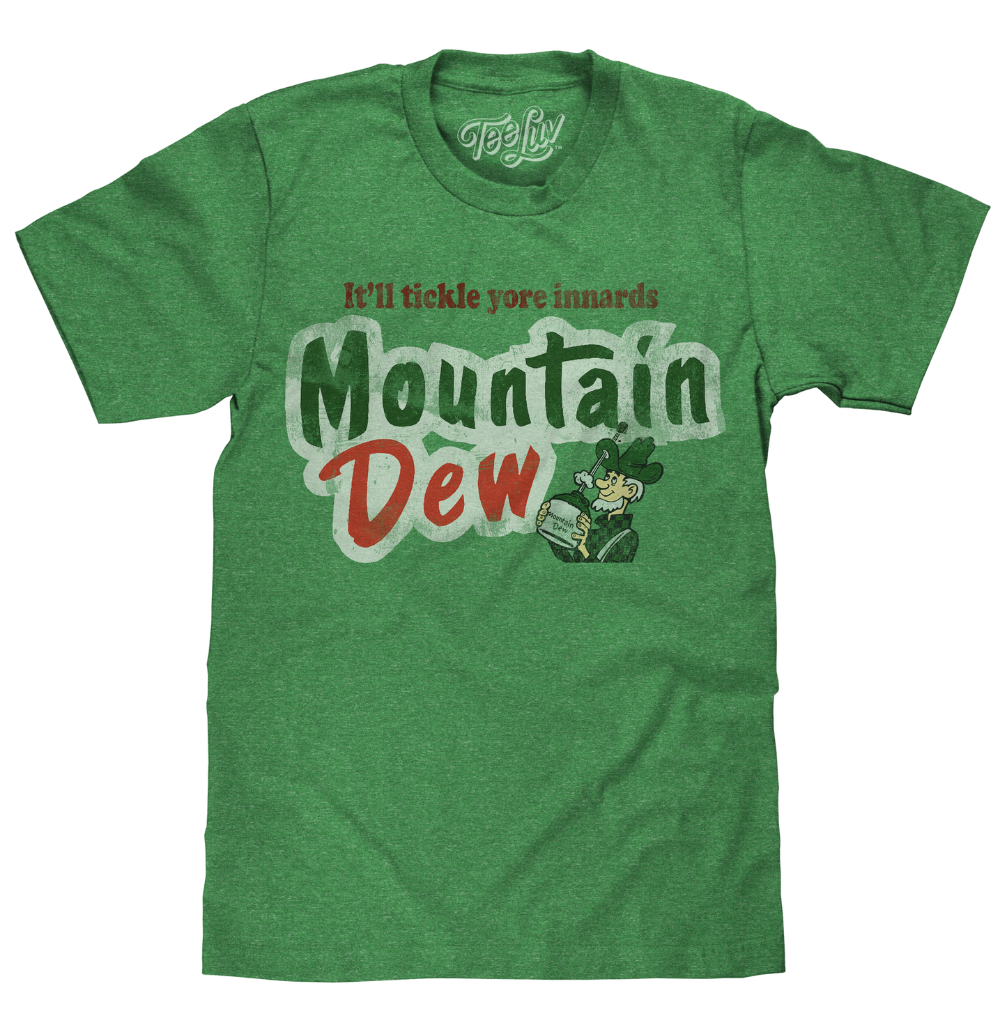 Mountain Dew "It'll Tickle Yore Innards" T-Shirt | Willy the Hillbilly | Green Heather | Poly-Cotton