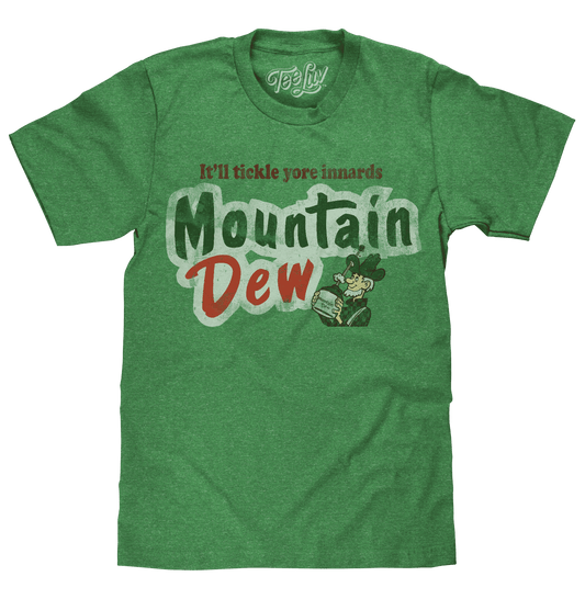Green heather graphic T-shirt with Mountain Dew logo and red/green text front