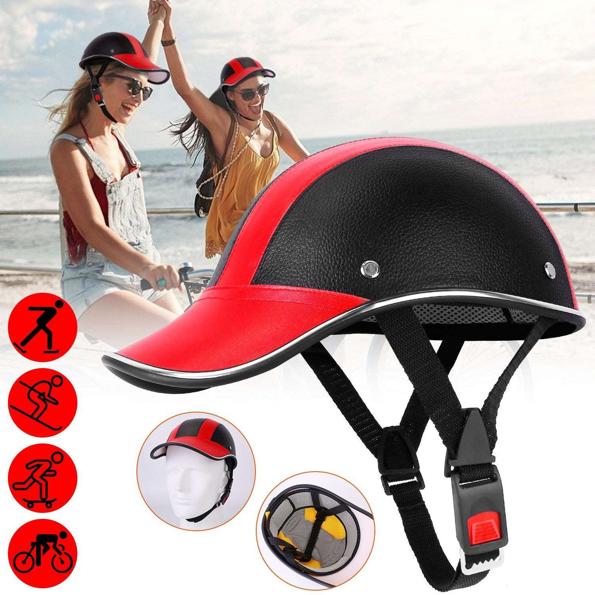 Red-and-black baseball-style bike helmet with chin strap and front visor