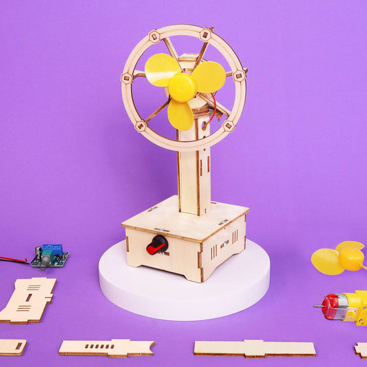 Wooden oscillating fan DIY kit with yellow 3-blade propeller and circular frame on base