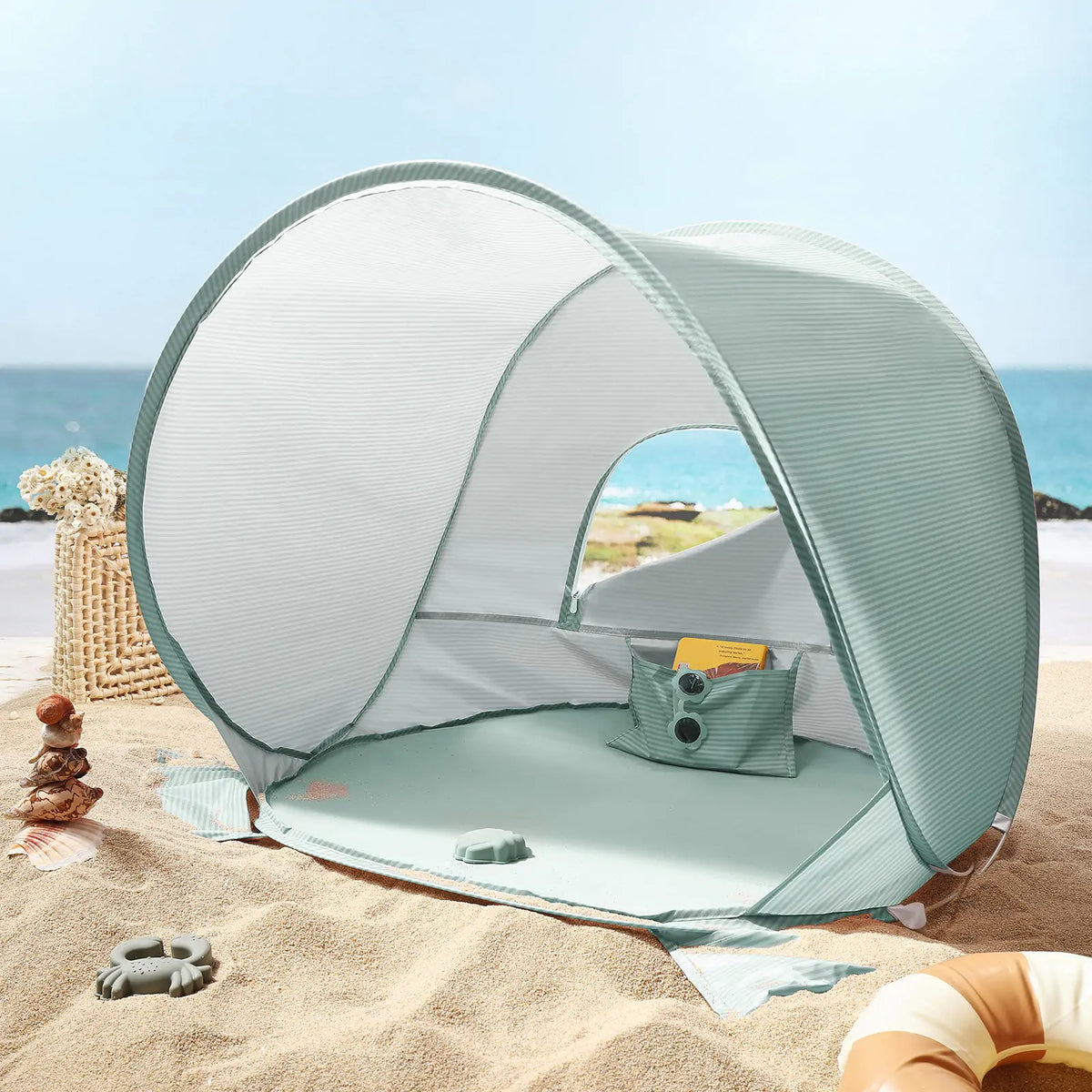 Tiny Land Kids Beach Tent Set with Sand Toys, UV Protection and Sandbag Anchors