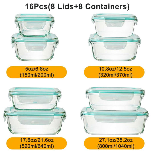 Clear glass food storage containers with light teal airtight lids, set of multiple sizes