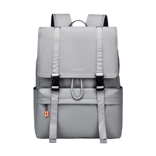 Cool gray structured laptop backpack with front flap and dual buckles.