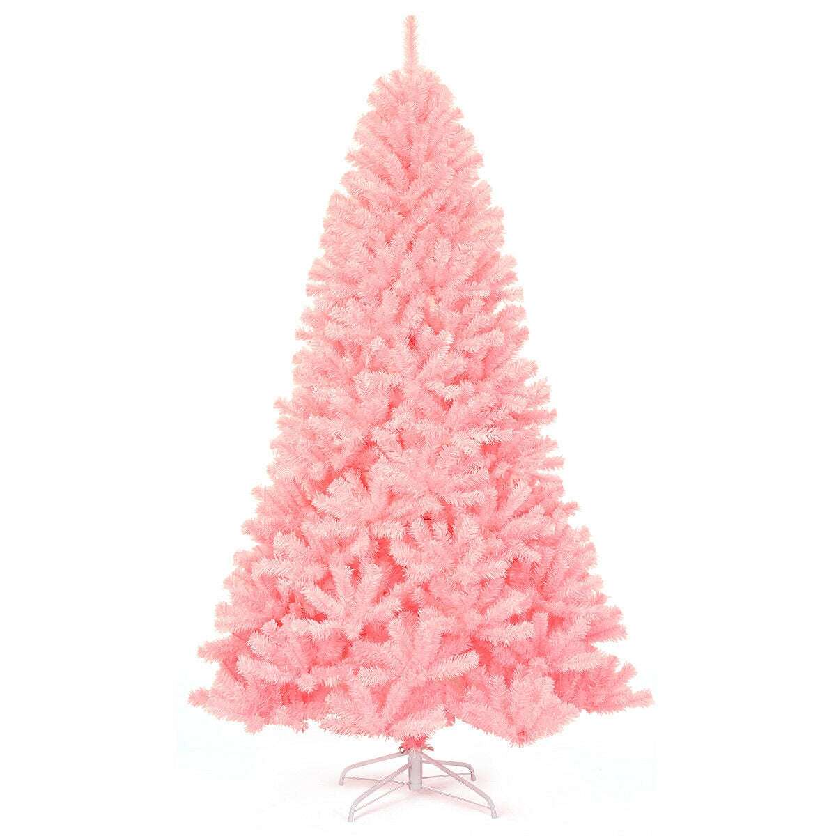 Unadorned pink artificial Christmas tree on a metal stand