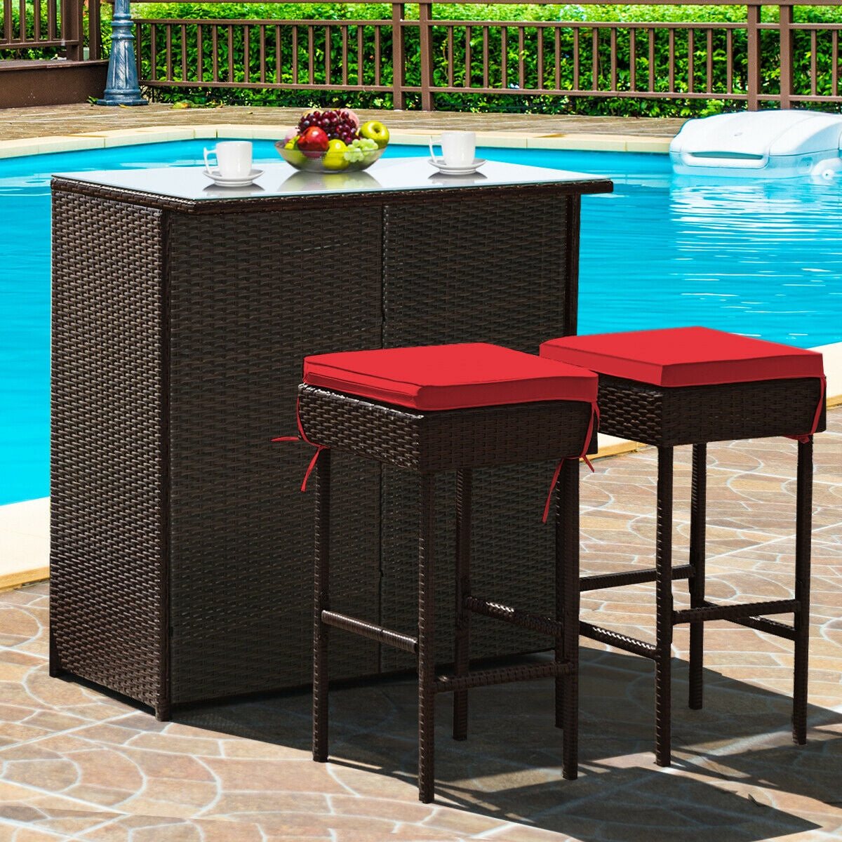 3-Piece Patio Rattan Wicker Bar Table & Stools Dining Set