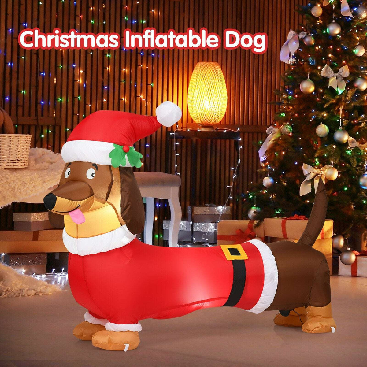 Inflatable Christmas dog in a red Santa suit and hat with LED lights