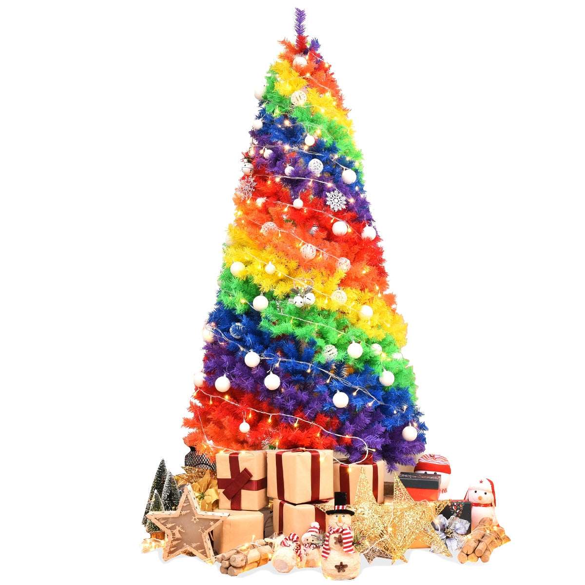 Seven-foot multicolor artificial Christmas tree decorated with lights, ornaments and gifts