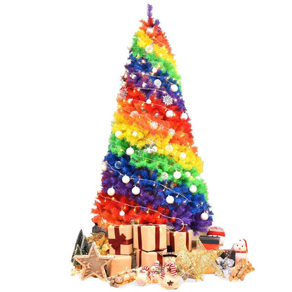 Seven-foot multicolor artificial Christmas tree decorated with lights, ornaments and gifts