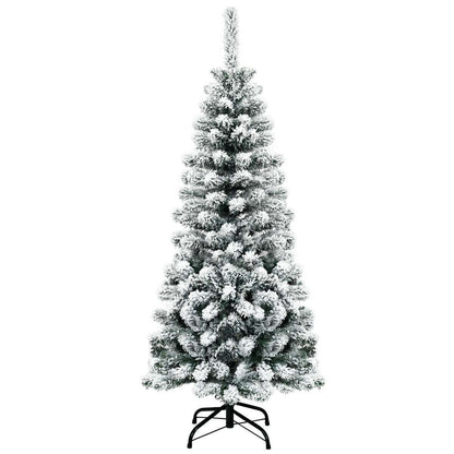 Snow-flocked pencil Christmas tree with black metal stand