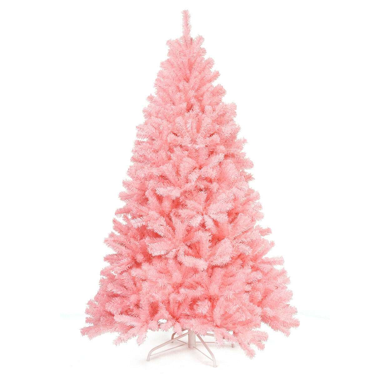 Unadorned pink artificial spruce Christmas tree with metal stand