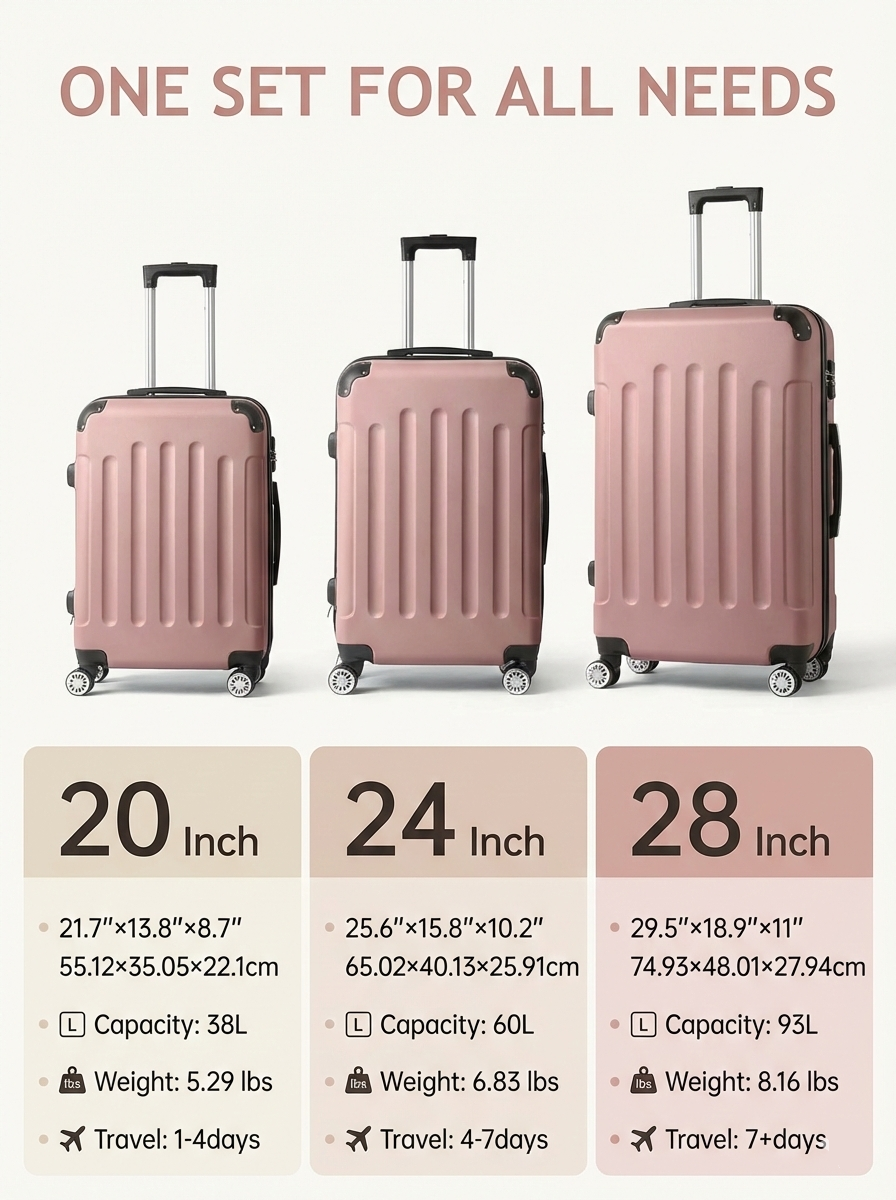 3-Piece Hard Shell Luggage Set | 20"/24"/28" | 360° Spinner Wheels | TSA Lock | 9 Colors - Niksstuff