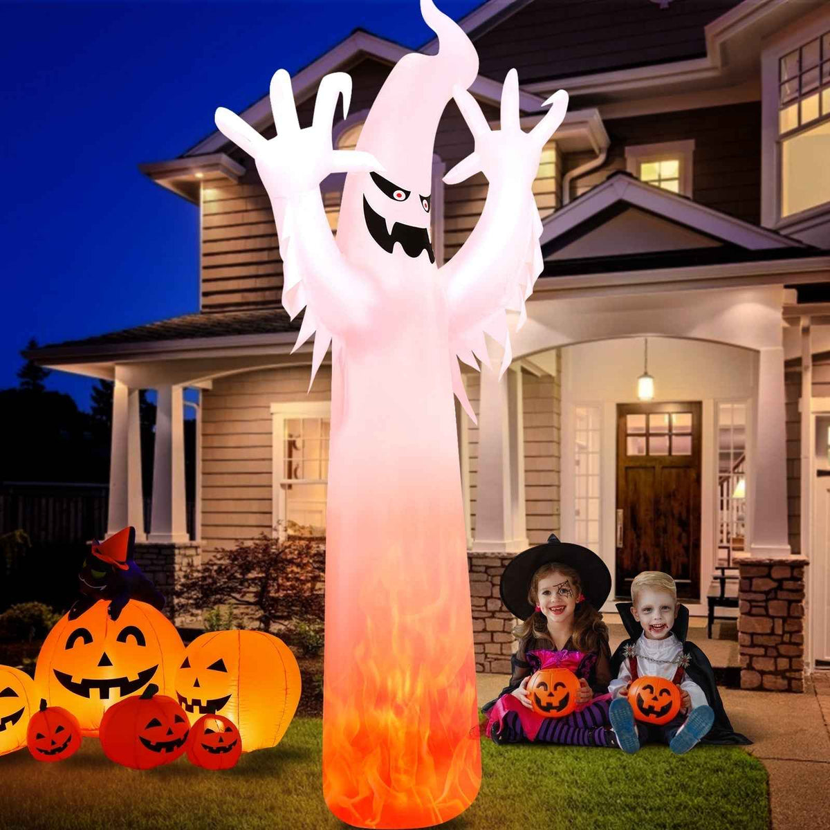 12 Feet Halloween Inflatable Ghost with LED Flame Lights
