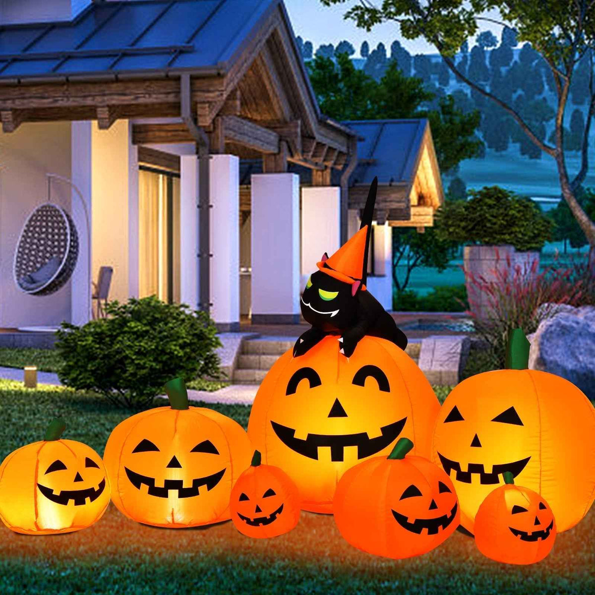 7.5 Feet Halloween Inflatable Pumpkin Combo with Witch & Black Cat