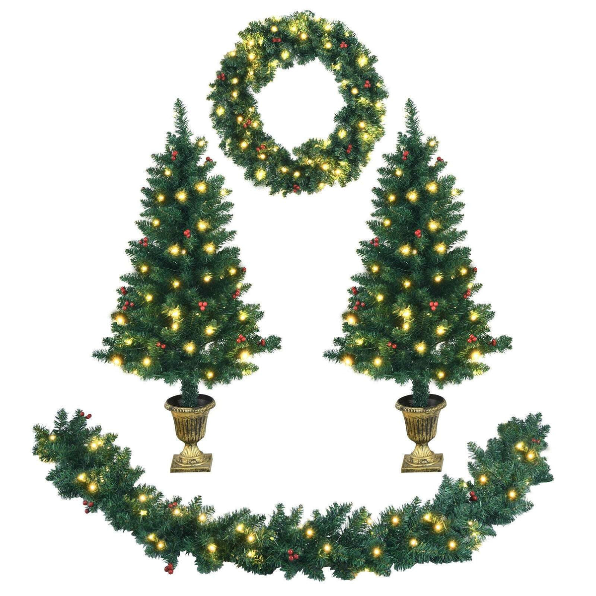 Pre-lit Christmas decoration set with two potted trees, a wreath, and a garland