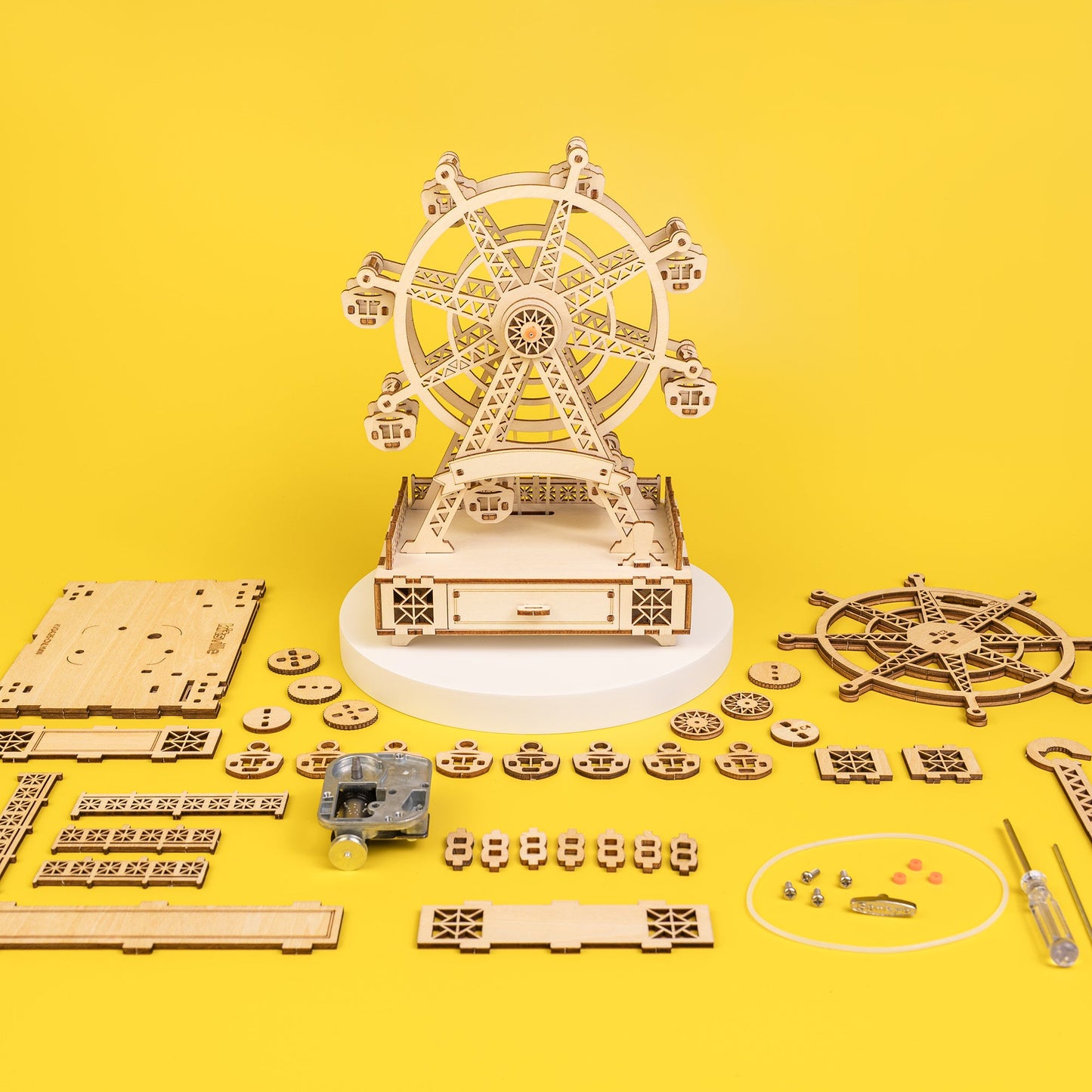 DIY Wooden Ferris Wheel Music Box Kit | Laser-Cut Wood | Rotating Ferris Wheel | 8 Music Options
