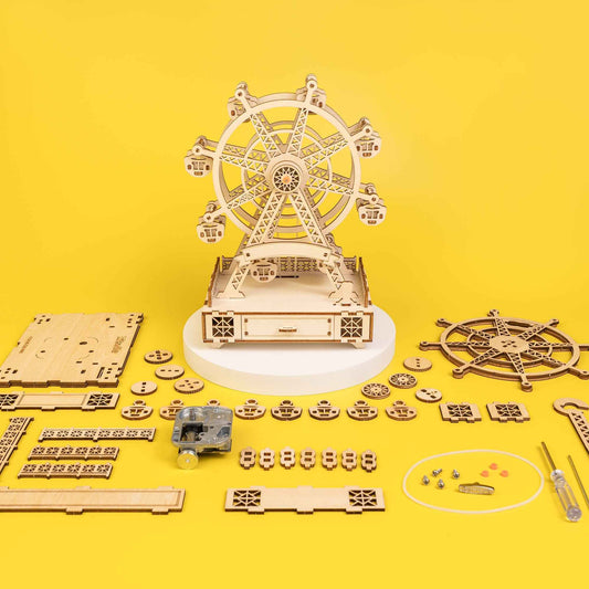 DIY wooden ferris wheel music box kit with laser-cut rotating ferris wheel frame