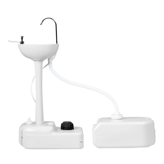 Portable camping hand wash station with basin, faucet, hose, and 4.5-gal tank.