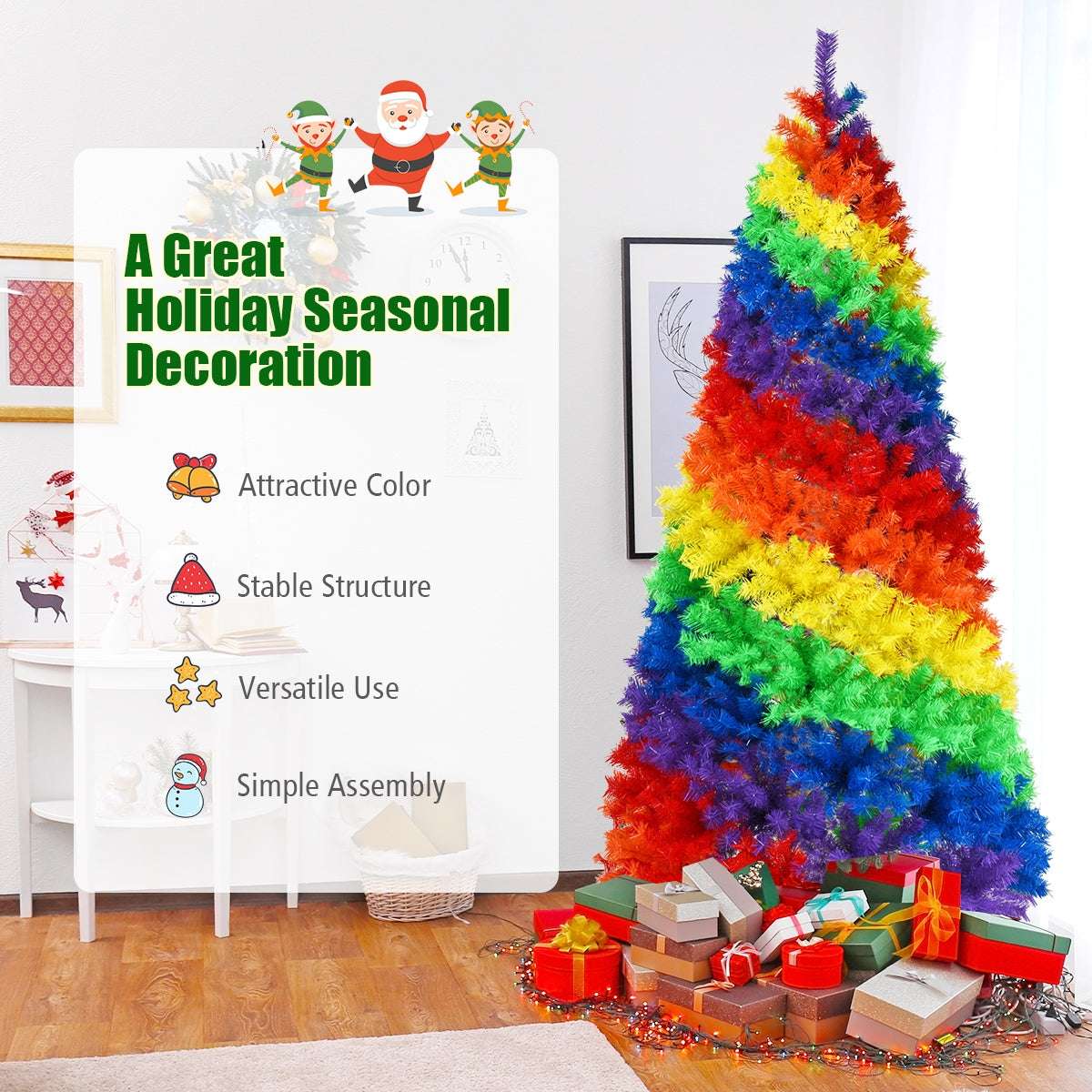 Rainbow artificial Christmas tree with dense branches and wrapped gifts at the base