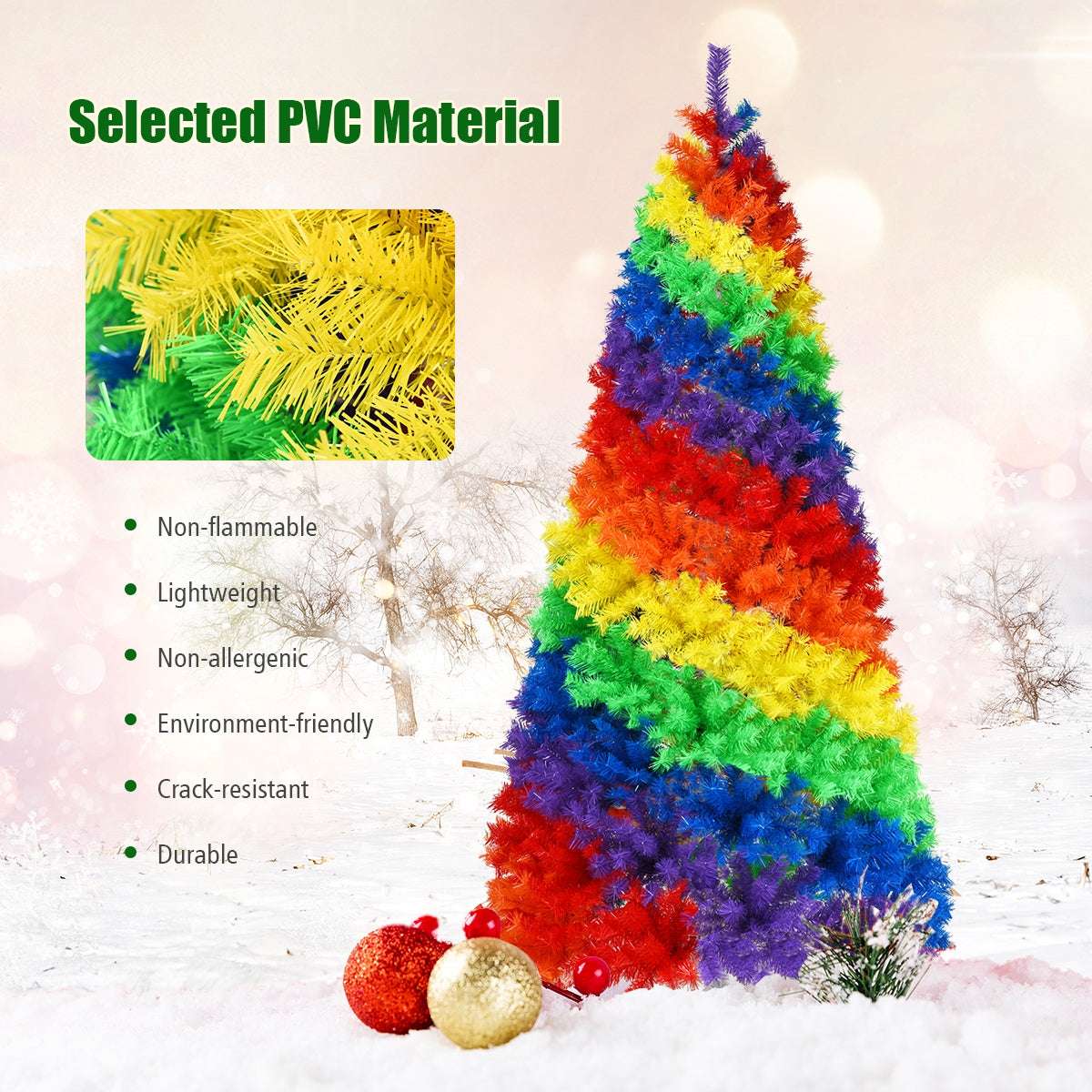 PVC artificial Christmas tree with dense rainbow-colored branches