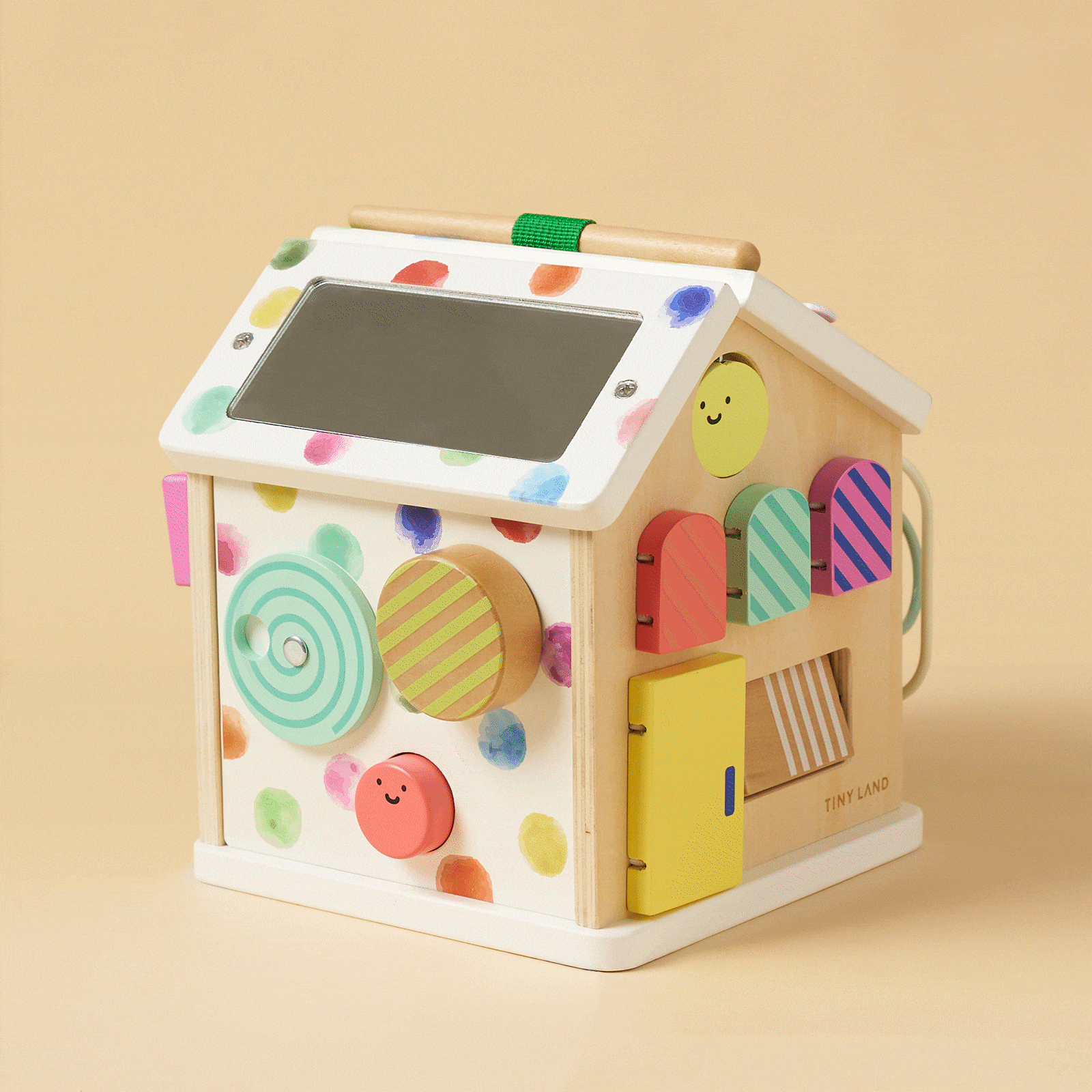 Montessori cottage activity cube with rainbow bead maze and textured doors, natural wood