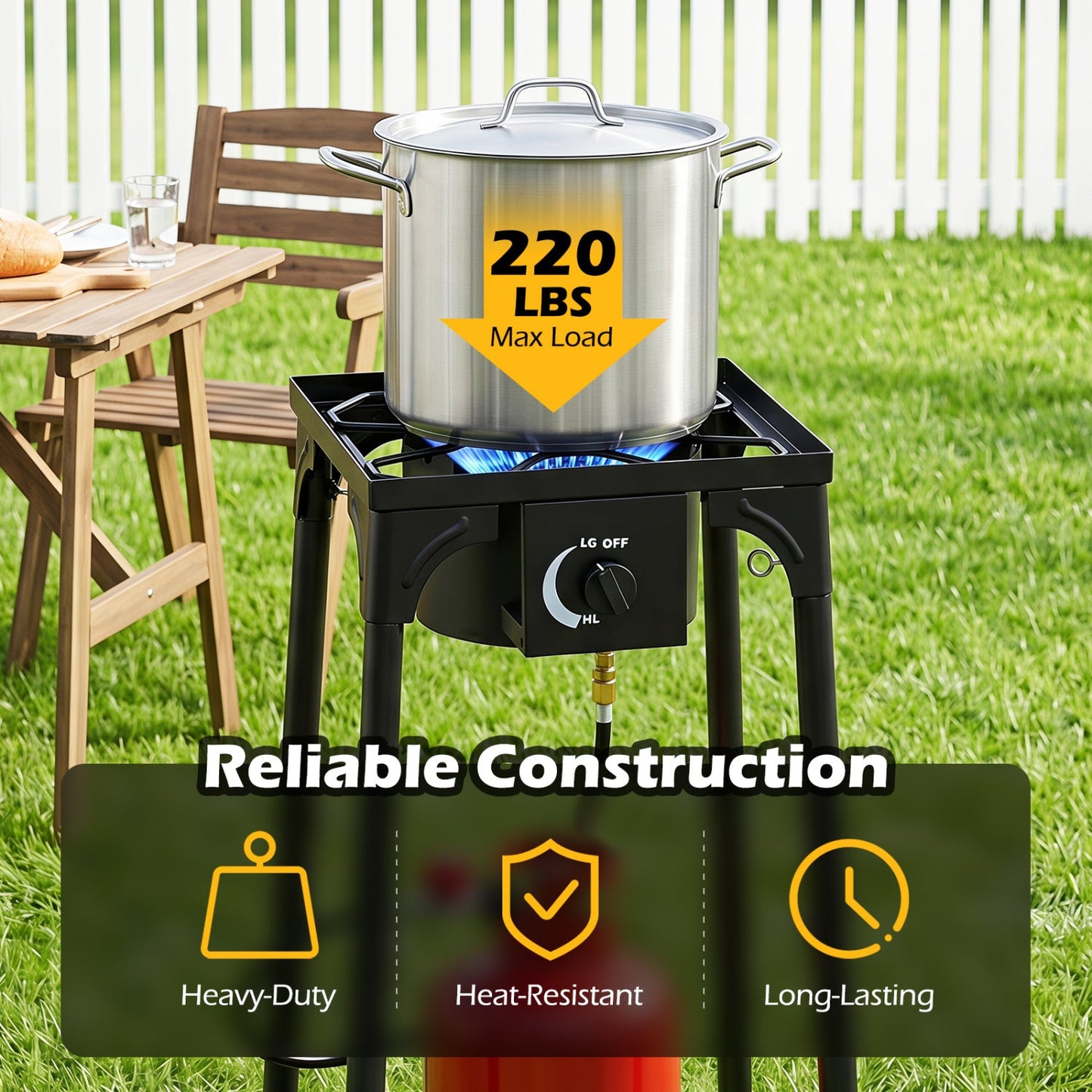 Propane Camping Stove | 80,000 BTU | Cast Iron Burner | 220 lb Capacity | Regulator & Hose Included