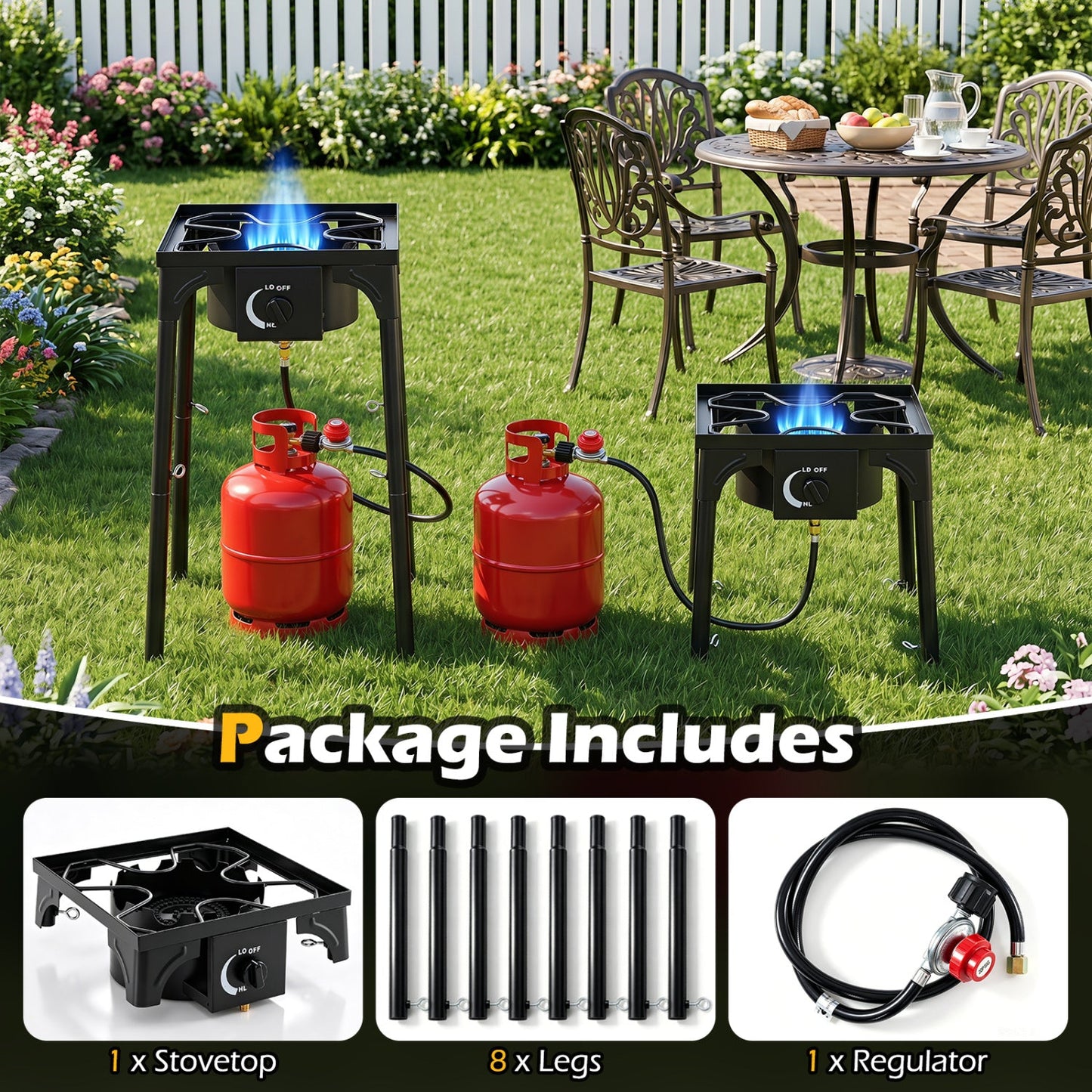 Propane Camping Stove | 80,000 BTU | Cast Iron Burner | 220 lb Capacity | Regulator & Hose Included