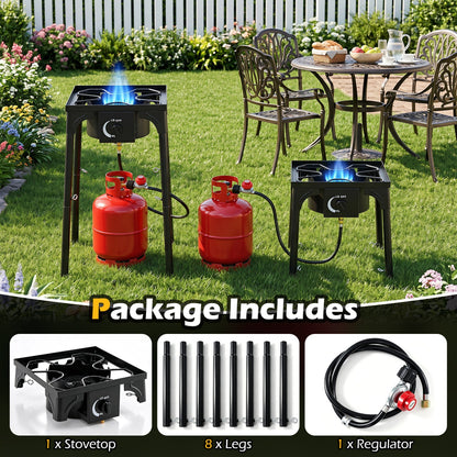 Propane Camping Stove | 80,000 BTU | Cast Iron Burner | 220 lb Capacity | Regulator & Hose Included