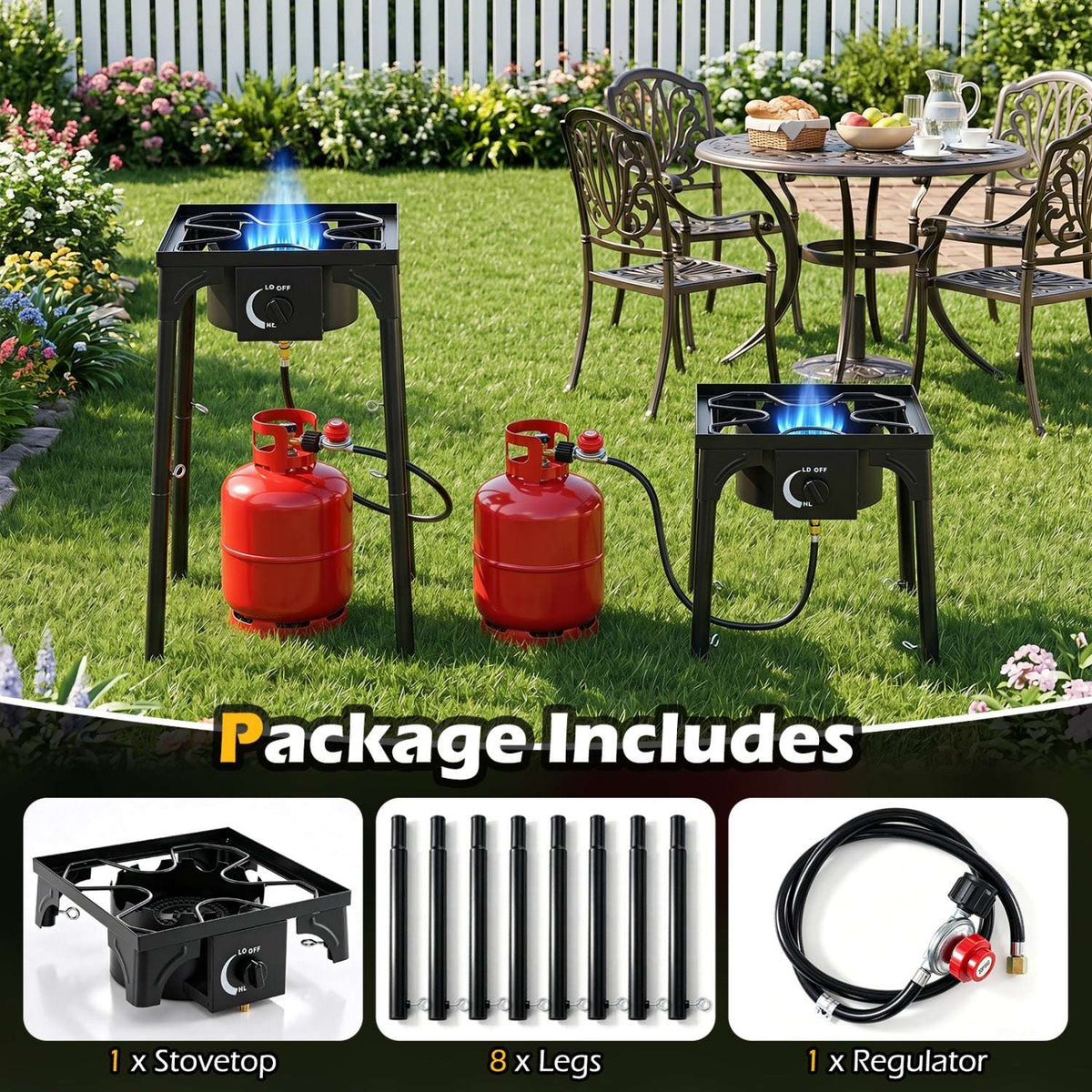 Two black single-burner propane camping stoves with red cylinders on lawn