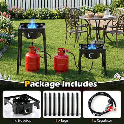 Two black single-burner propane camping stoves with red cylinders on lawn