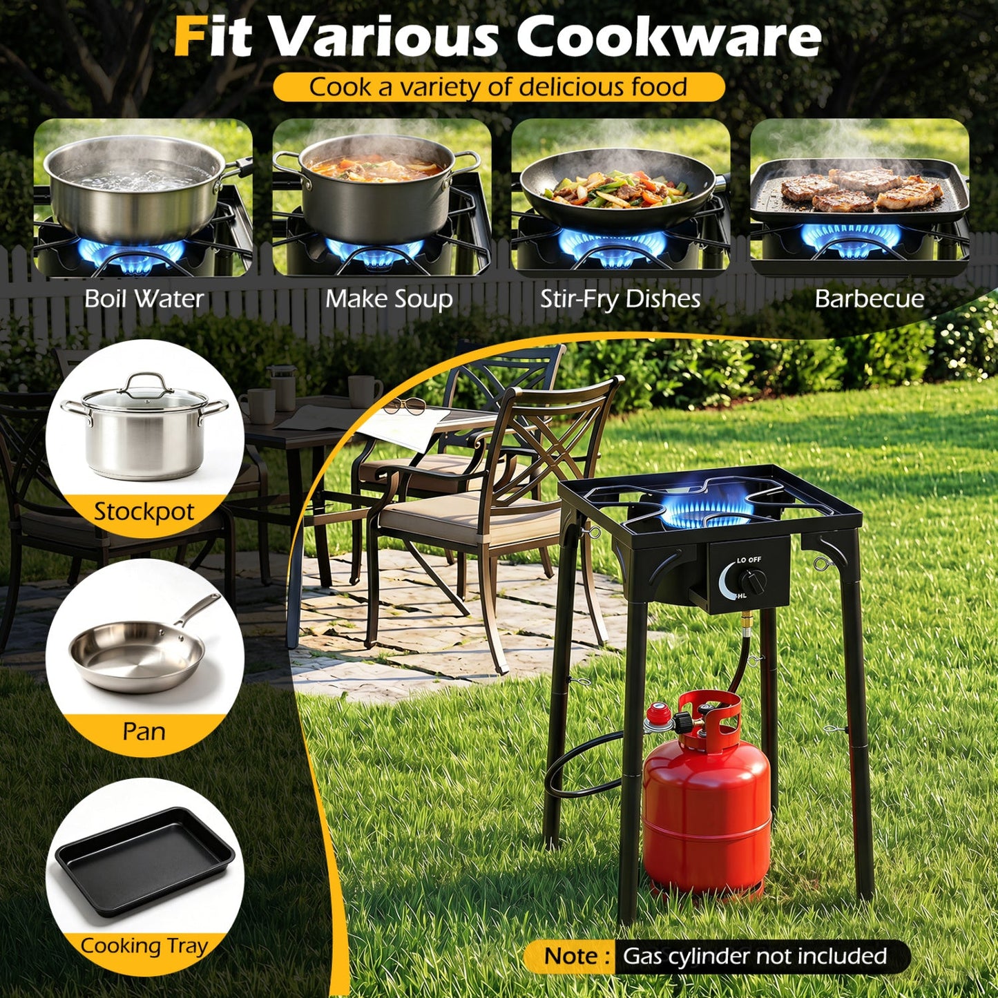 Propane Camping Stove | 80,000 BTU | Cast Iron Burner | 220 lb Capacity | Regulator & Hose Included