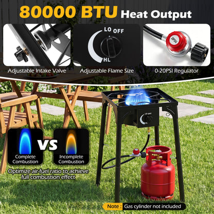 Propane Camping Stove | 80,000 BTU | Cast Iron Burner | 220 lb Capacity | Regulator & Hose Included