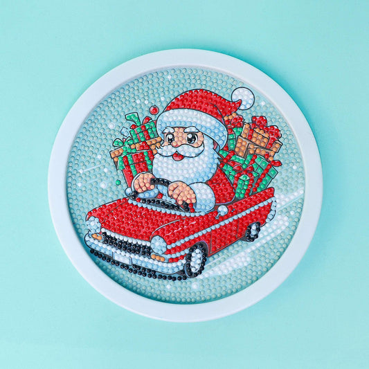 Diamond art round kit featuring a Santa cat lying in a red sleigh with gifts