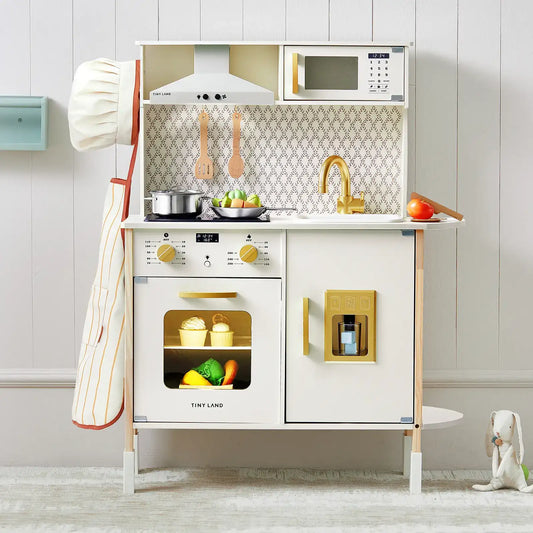 Wooden kids play kitchen toy with sink faucet, stove, and oven door