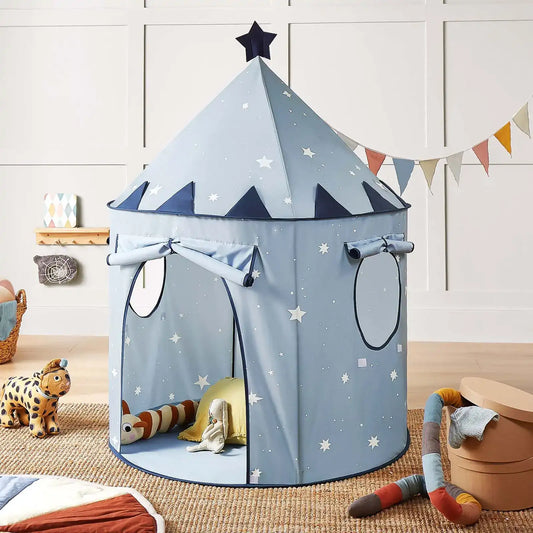 Blue kids play tent with star print, arched entrance and hanging side curtains