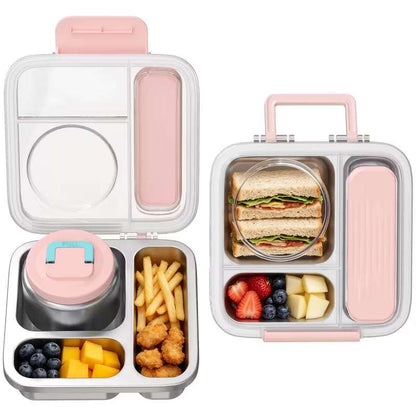 Pink stainless steel bento lunch box set with sandwich, berries, fruit, fries, soup cup