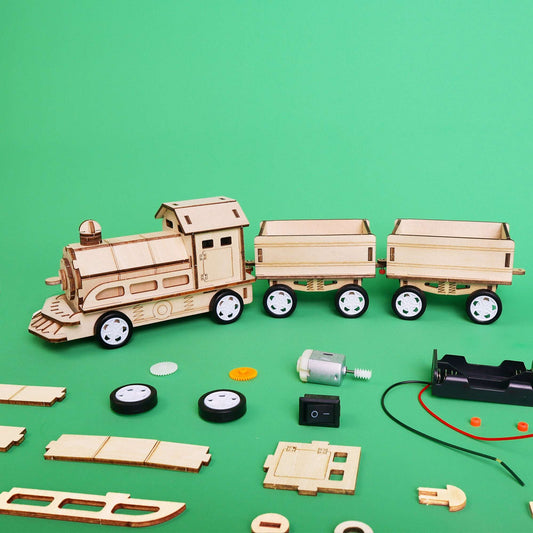 Wooden DIY motorized train kit, assembled engine with cargo cars and rolling wheels