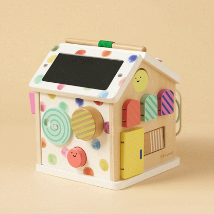 Montessori cottage activity cube with screen panel, rainbow xylophone top, natural wood