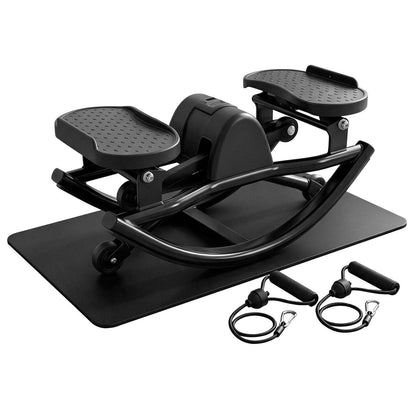 Black swing stepper with textured foot pedals, resistance bands, and exercise mat