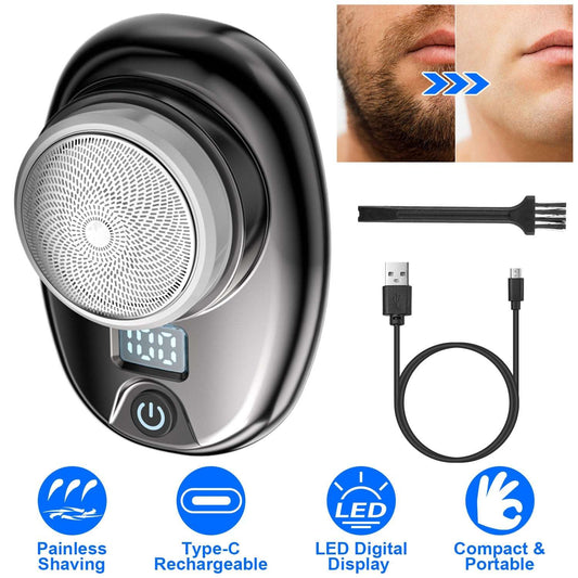 Black electric shaver with round foil head and blue LED screen