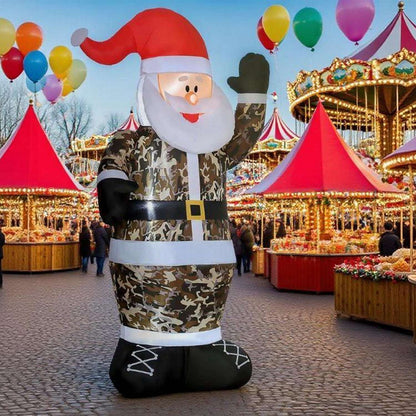 Inflatable camouflage Santa with raised mitten, black belt, white trim, and laced boots