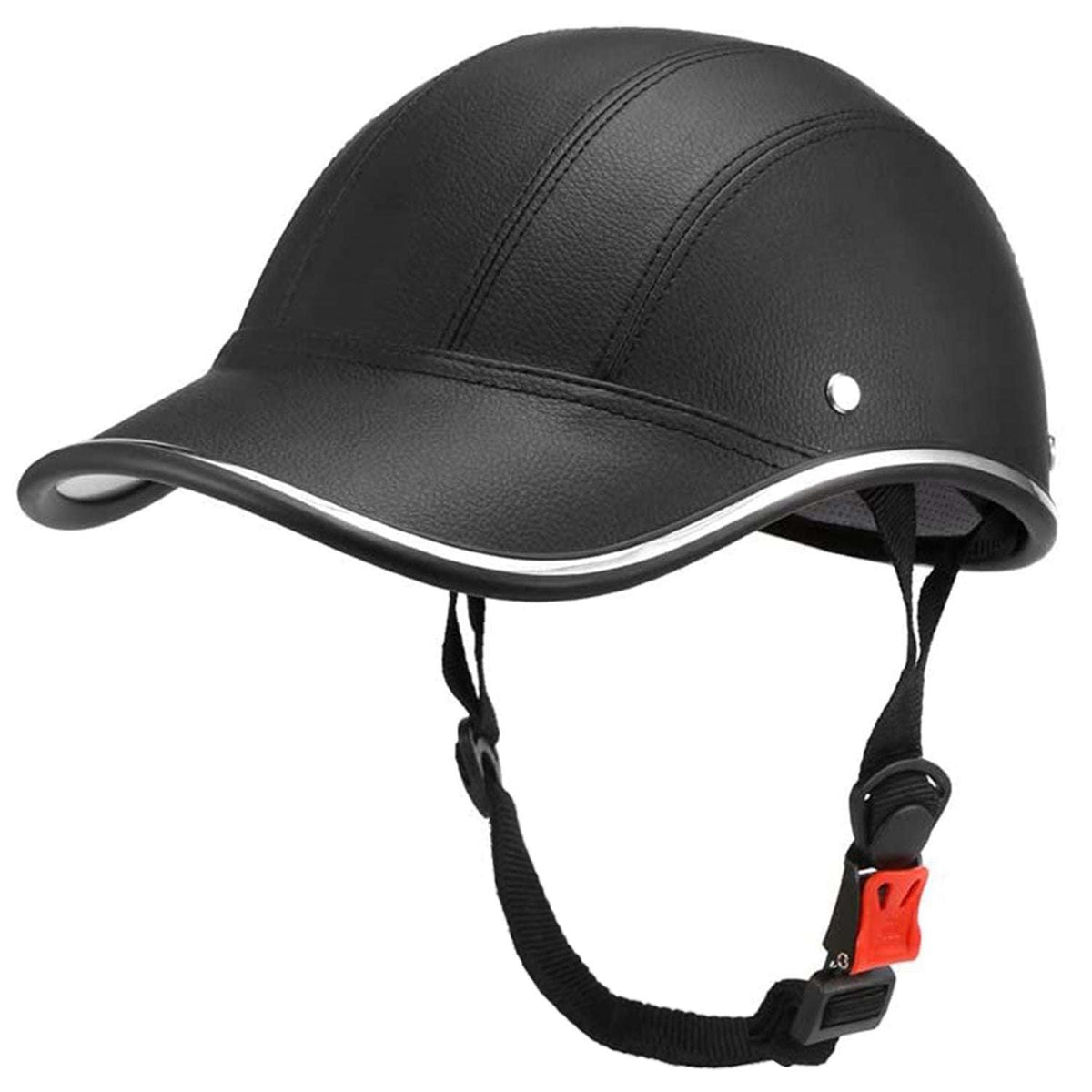Black leather bike helmet with curved sunshade brim and adjustable chin strap.
