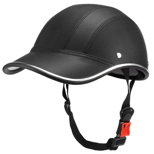 Black leather bike helmet with curved sunshade brim and adjustable chin strap.