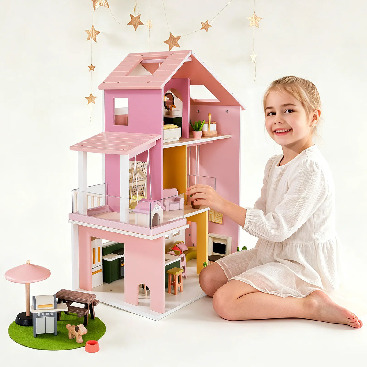 Tiny Land Sweetwood Edge Wooden Dollhouse - 48pc Green & Pink