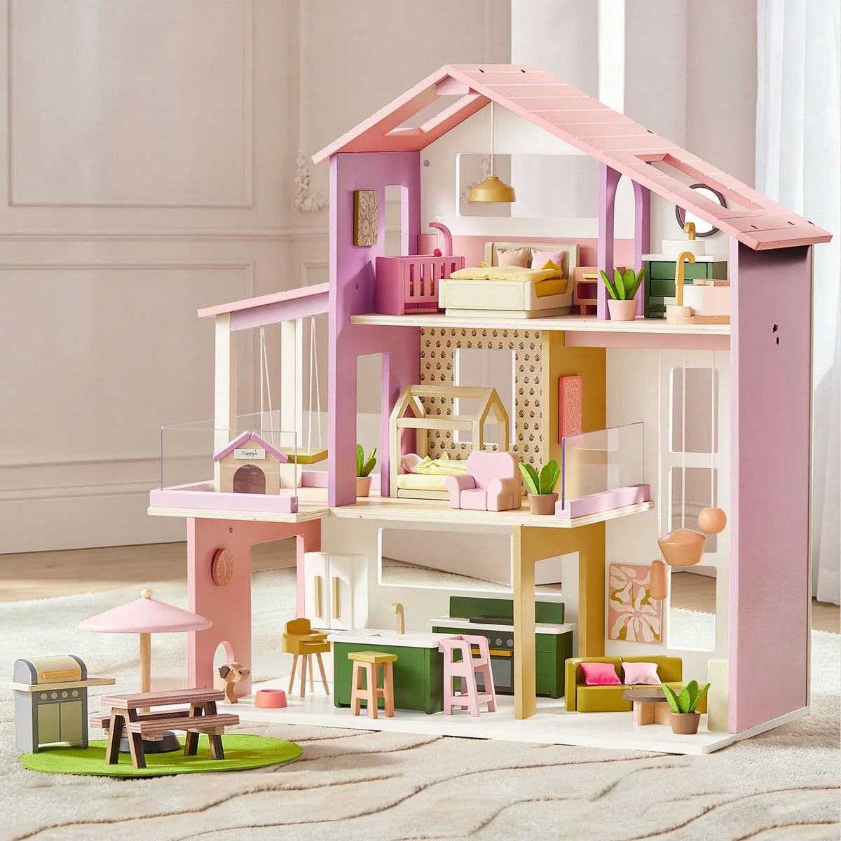 Tiny Land Sweetwood Edge Wooden Dollhouse - 48pc Green & Pink